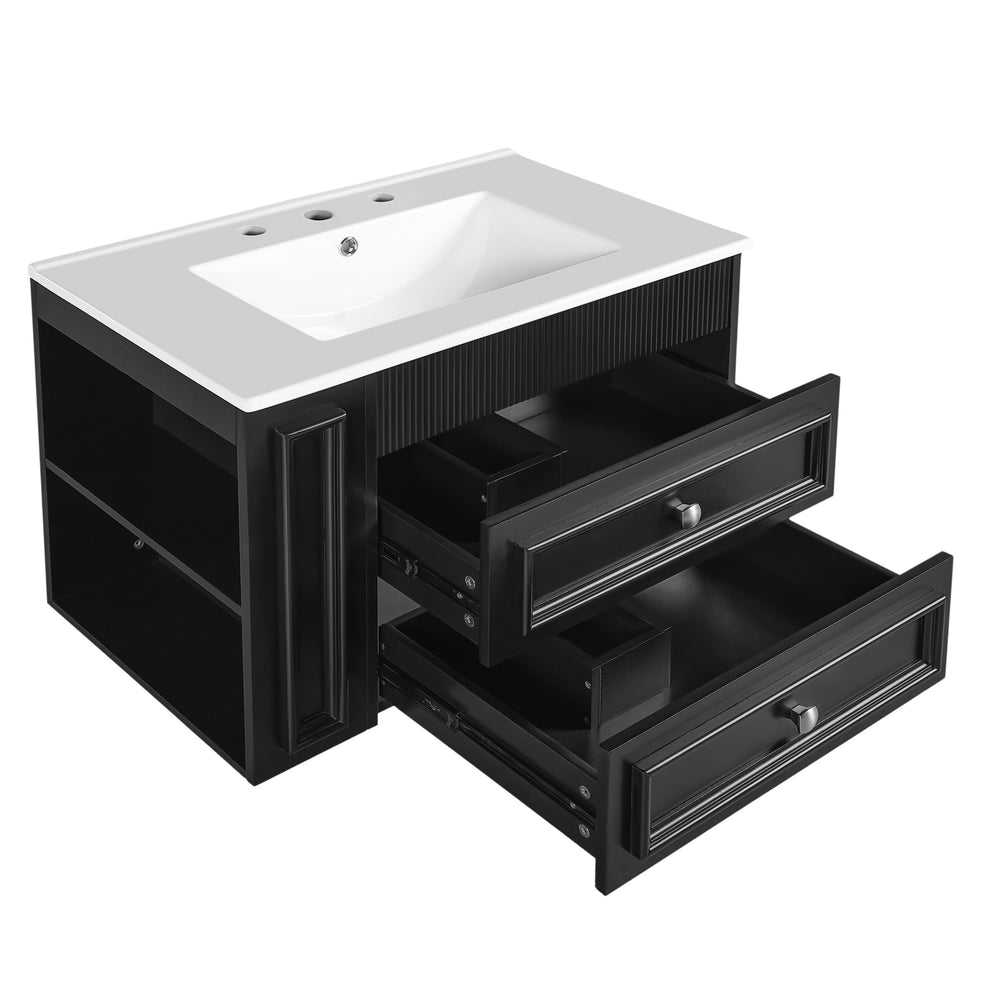English Elm 30'' Wall Mounted Bathroom Vanity with Ceramic Sink, Floating MDF Cabinet, Soft-Close Drawers & Ample Storage Black N710P334915B