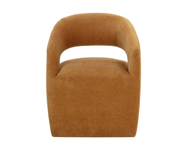 Sunpan Lloret Wheeled Dining Armchair - Elegant Curves, Comfortable Upholstery, Effortless Mobility for Dining Danny Amber