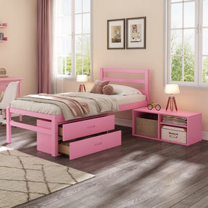 English Elm Twin Size Wood Platform Bed With Removable Storage Shelves, Built-In Two Storage Drawers For Added Convenience, Pink