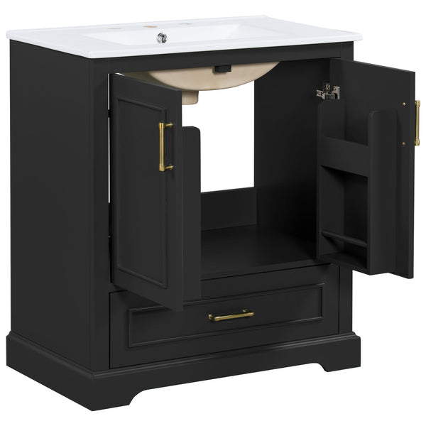 English Elm 30" Freestanding Bathroom Vanity Matte Black Solid Wood Ceramic Sink Soft Close N729P321376B