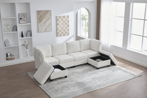 English Elm UNITED Modular 6-Seat Sectional Sofa with Removable Ottoman, Storage Compartments, Convertible Comfort Beige W1568S00242
