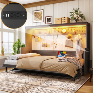 English Elm Queen Murphy Bed with Fold Down Desk Led Lighting and Usb Port for Home Office Dark Gray W1580S00457