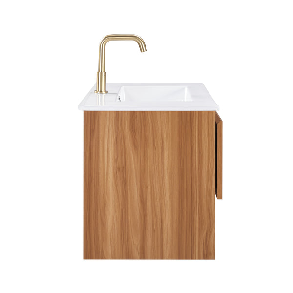 English Elm 24 Inch Floating Bathroom Vanity Fluted Walnut Cabinet with Ceramic Sink Modern W3520S00041