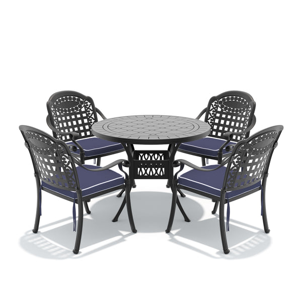 English Elm 5-piece Cast Aluminum Outdoor Dining Set with Ornate Relief Carved Patio Chairs W1710S00616