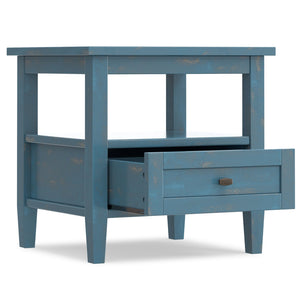 English Elm Warm Shaker Solid Wood End Table Distressed Blue Coastal Finish Bronze Hardware B136P420274