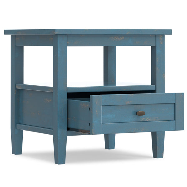 English Elm Warm Shaker Solid Wood End Table Distressed Blue Coastal Finish Bronze Hardware B136P420274
