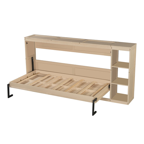 English Elm Twin Space-Saving Murphy Bed with Bookshelf and Fold-Down Desk, LVL/MDF, Compact Modern Design Natural GX002221AAN