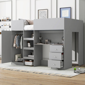 English Elm Wood Full Size Loft Bed with Built-In Wardrobe, Spacious Desk, Shelves and 3 Drawers for Storage Grey GX001819AAE