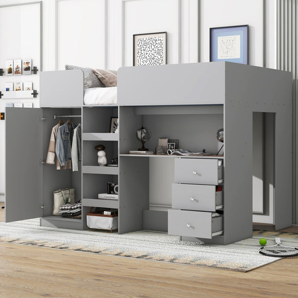 English Elm Wood Full Size Loft Bed with Built-In Wardrobe, Spacious Desk, Shelves and 3 Drawers for Storage Grey GX001819AAE