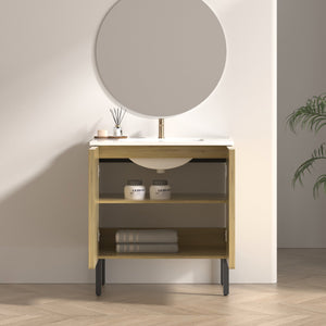 English Elm 30inch Floating Bathroom Vanity with 3d Carved Panels and Spacious Drawer Storage W3520P455333
