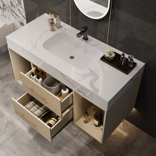 English Elm 39.4 Inch Floating Bathroom Vanity Sintered Stone Top Solid Wood 2 Soft Close Drawers W3136S00030