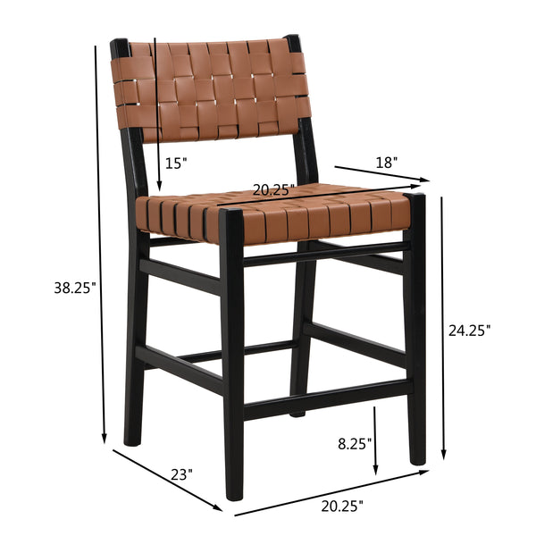 English Elm Christopher Knight Home® - 24.25'' 24.25" Classic Counter Stools Set of 2 Brown PU with Braided Leather Back & Rubberwood Legs, 24.25" 74690.00BRN