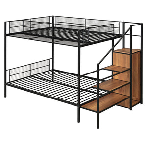 English Elm Twin Over Full Metal Bunk Bed with Trundle, Step Ladder Storage, Wardrobe & Wire Shelving, Durable Frame Black SF000172AAB