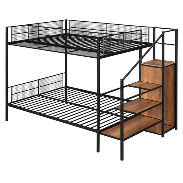 English Elm Twin Over Full Metal Bunk Bed with Trundle, Step Ladder Storage, Wardrobe & Wire Shelving, Durable Frame Black SF000172AAB