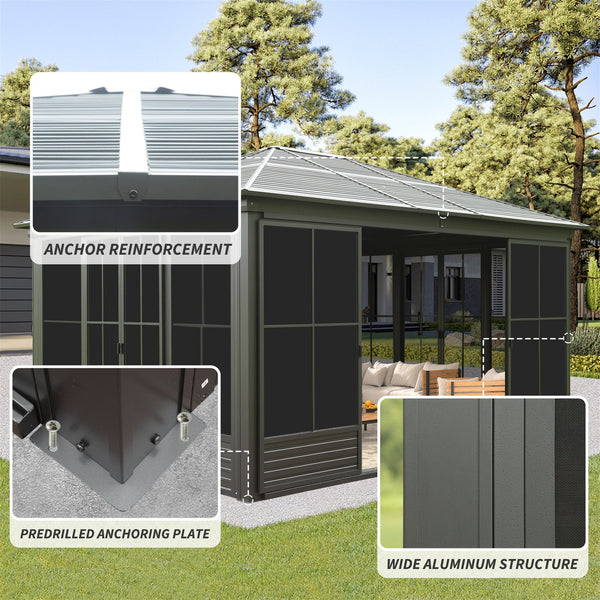English Elm 12x14ft Outdoor Hardtop Gazebo Aluminum Sunroom with Adjustable Pc Screens All Season W1859P300399
