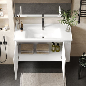 English Elm Christopher Knight Home® - 36" Modern Wall-Mounted Bathroom Vanity with Ceramic Sink, Soft-Close Doors, Fluted Accent & Open Shelves White N817P245322W