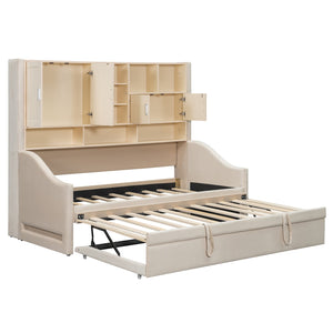 English Elm Twin Upholstered Daybed with LED Armrest Lighting, Hidden Storage Shelves & Lift-Up Pull-Out Trundle Beige SF000198AAA