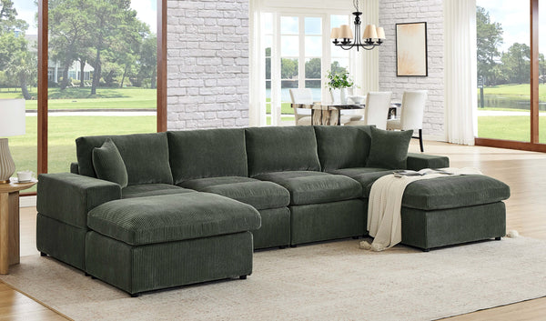 English Elm Corduroy Modular Sectional Sofa with Dual Ottomans for Flexible Living Room Seating Dark Green B2748S00023