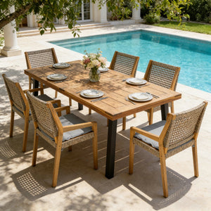 English Elm Modern Acacia Wood Wicker Armchair Outdoor Dining Set Seats Six on Patio N770PS797R192