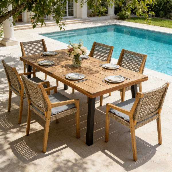 English Elm Modern Acacia Wood Wicker Armchair Outdoor Dining Set Seats Six on Patio N770PS797R192