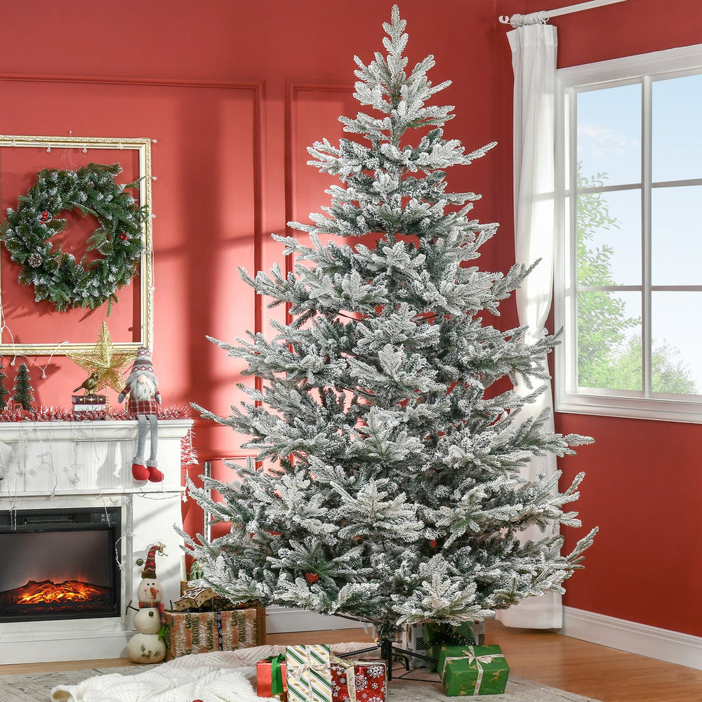 English Elm Homcom 8 Foot Snow Flocked Artificial Christmas Tree With 1479 Realistic Cedar Branches For Holidays W2225P249626