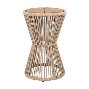 English Elm Outdoor Acacia Wood Top Side Table Woven Rope Iron Frame Hourglass Patio Accent Beige,Light Teak N770P354691L