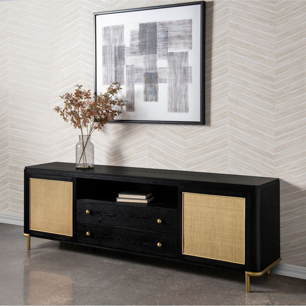English Elm Benson Wide Rattan Door Media Console with Aged Brass Legs for Modern Living Rooms Black B062P440120