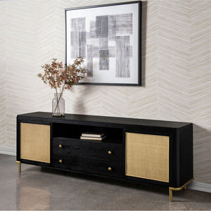 English Elm Benson Wide Rattan Door Media Console with Aged Brass Legs for Modern Living Rooms Black B062P440120