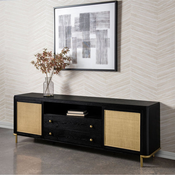 English Elm Benson Wide Rattan Door Media Console with Aged Brass Legs for Modern Living Rooms Black B062P440120