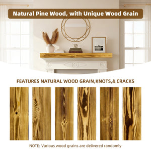 English Elm 60" Solid Pine Floating Mantel Shelf with Concealed Brackets for Rustic Living Rooms Natural Wood+Caramel W3204P429119