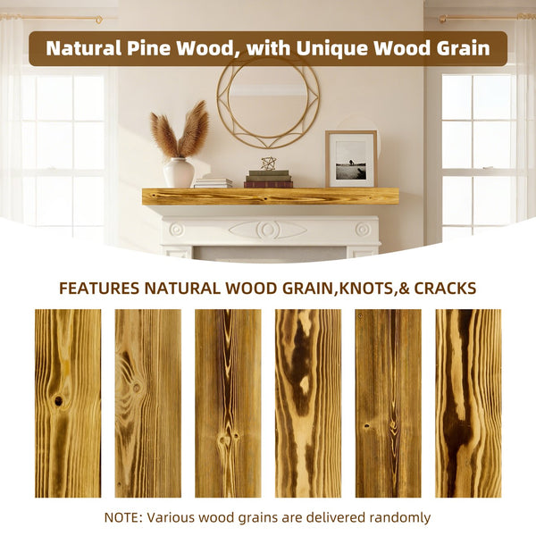 English Elm 60" Solid Pine Floating Mantel Shelf with Concealed Brackets for Rustic Living Rooms Natural Wood+Caramel W3204P429119