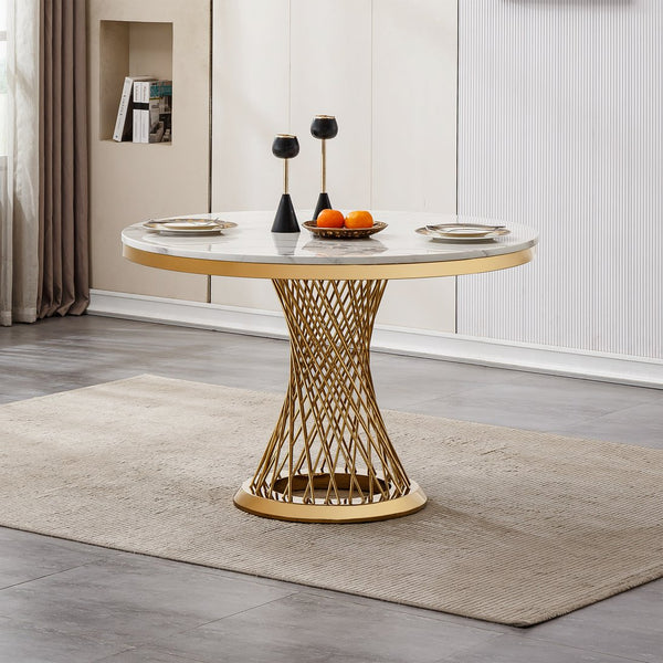 English Elm 47" Round Faux Marble Dining Table Mirror Polished Steel Base Seats Four Modern W3456S00056