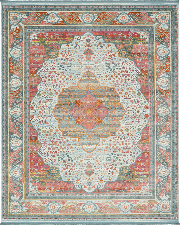 Unique Loom Baracoa Malecon Machine Made Border Rug Light Blue, Orange/Turquoise/Pink/Ivory 8' 4" x 10' 0"