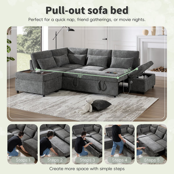 English Elm [video]107'' Chenille Sleeper Sectional with Usb Charging Storage Ottoman and Adjustable Armrest Gray N723S8782E