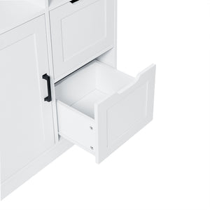 English Elm Bathroom Tall Storage Cabinet with Doors, 2 Drawers, Adjustable Shelf, Anti-Tip, MDF White, Sleek Handles WF530559AAK