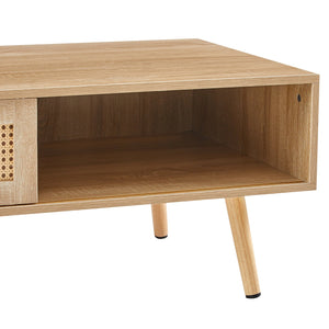 English Elm 41.34" Woven Rattan Coffee Table with Sliding Storage Door and Solid Wood Legs W126573113
