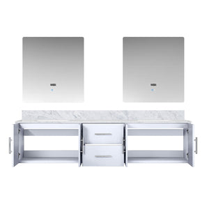 English Elm Glossy Double Bath Vanity 80" Wide With Carrara Marble Top & 30" Led Mirrors For Modern Elegance B2731S00835