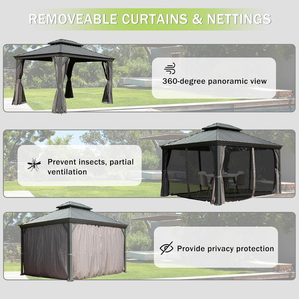 English Elm 13x13ft Hardtop Gazebo Galvanized Steel Vented Double Roof with Curtains Netting Patio Gray W1859S00199