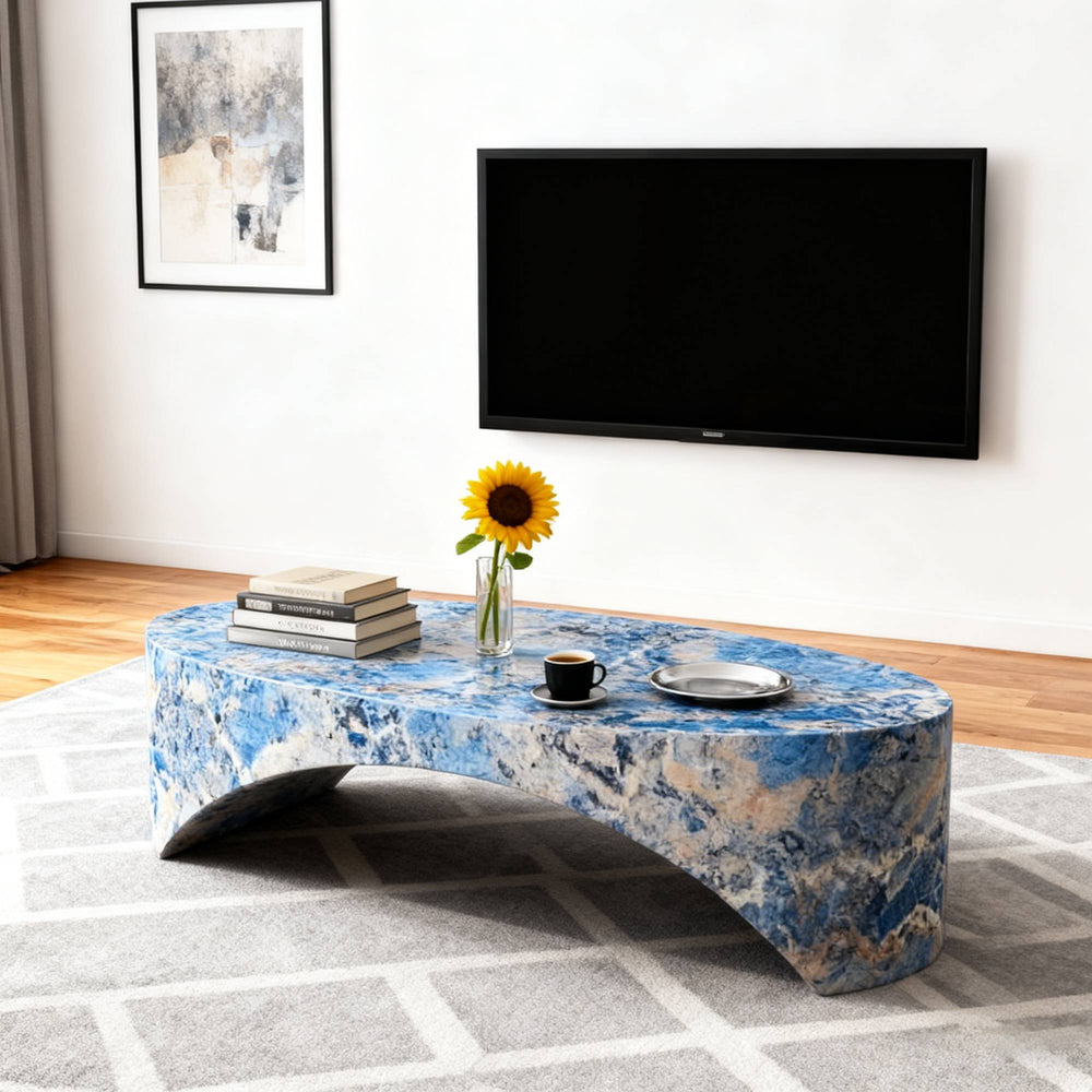 English Elm The Oval Marble Effect Fiberglass Coffee Table Low Profile Contemporary Living Room Blue W2085P374184