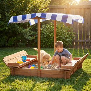 English Elm Kids Cedar Sandbox with Adjustable Canopy Corner Seating Outdoor Backyard Play D720094432