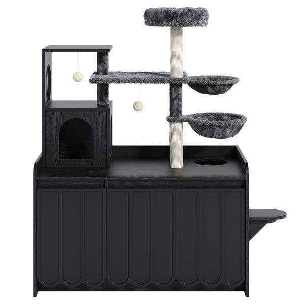 English Elm 50.6" Modern Cat Tower with Hidden Litter Enclosure Sisal Posts and Dual Hammocks N704P443505B
