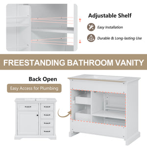 English Elm Christopher Knight Home® - 36" Bathroom Vanity with Ceramic Sink, Soft-Close Doors, 4 Drawers & Ample Storage, Freestanding White N759P223021K