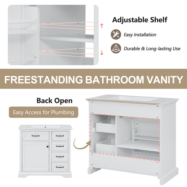 English Elm Christopher Knight Home® - 36" Bathroom Vanity with Ceramic Sink, Soft-Close Doors, 4 Drawers & Ample Storage, Freestanding White N759P223021K