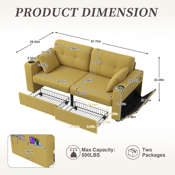 English Elm Sofas for Living Room Chenille Three Seat Couch with Usb Charging Storage and Cup Holder Mustard Yellow W395S00145