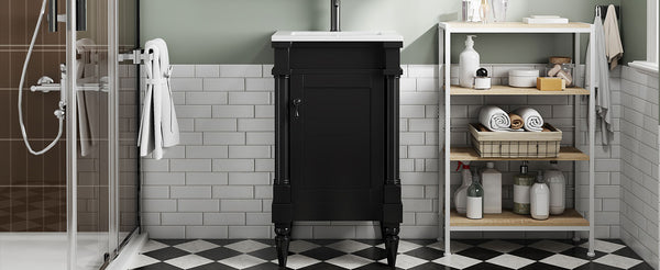 English Elm 18-Inch Modern Bathroom Vanity with Sink Compact Retro Design Durable MDF & Solid Wood Legs Storage-Friendly Black N710P257401B