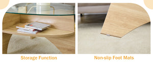 English Elm Oval Tempered Glass Coffee Table with Wood Grain Legs and Built-in Fan Tray Shelf W1151P256007