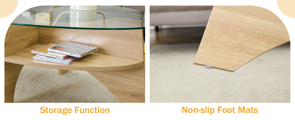 English Elm Oval Tempered Glass Coffee Table with Wood Grain Legs and Built-in Fan Tray Shelf W1151P256007