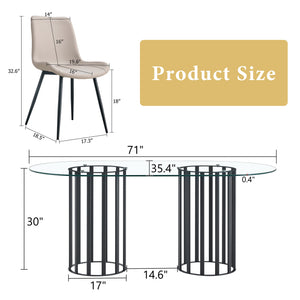 English Elm Table Set Oval Tempered Glass Top with Six Brown Fabric Chairs for Modern Dining Black,Transparent,Warm Grey W1151S04750