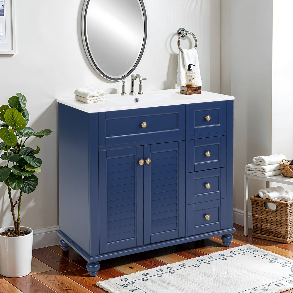 English Elm 36" Modern Grey Bathroom Vanity with Ceramic Sink, Solid Wood Frame, Soft-Close Drawers, Organizer Storage Blue W2896P344087