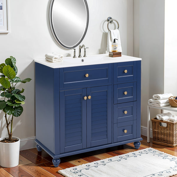English Elm 36" Modern Grey Bathroom Vanity with Ceramic Sink, Solid Wood Frame, Soft-Close Drawers, Organizer Storage Blue W2896P344087